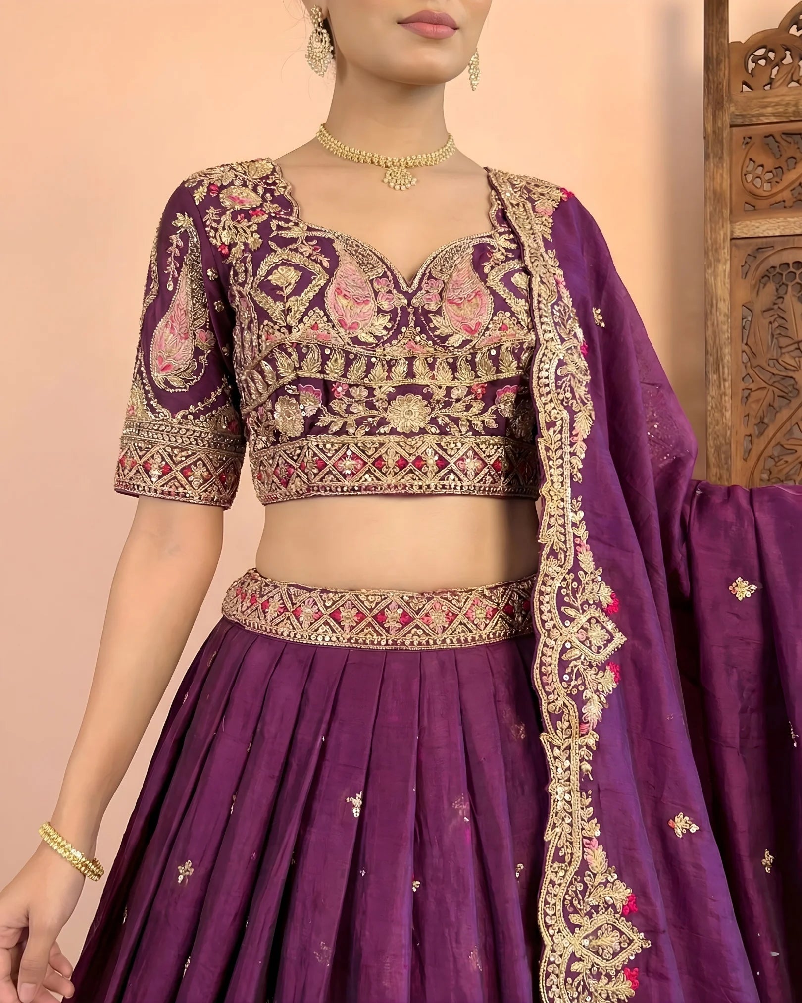 Dark-Purple Synthetic Silk Thread-Embroidery Lehenga, Blouse & Dupatta Set.