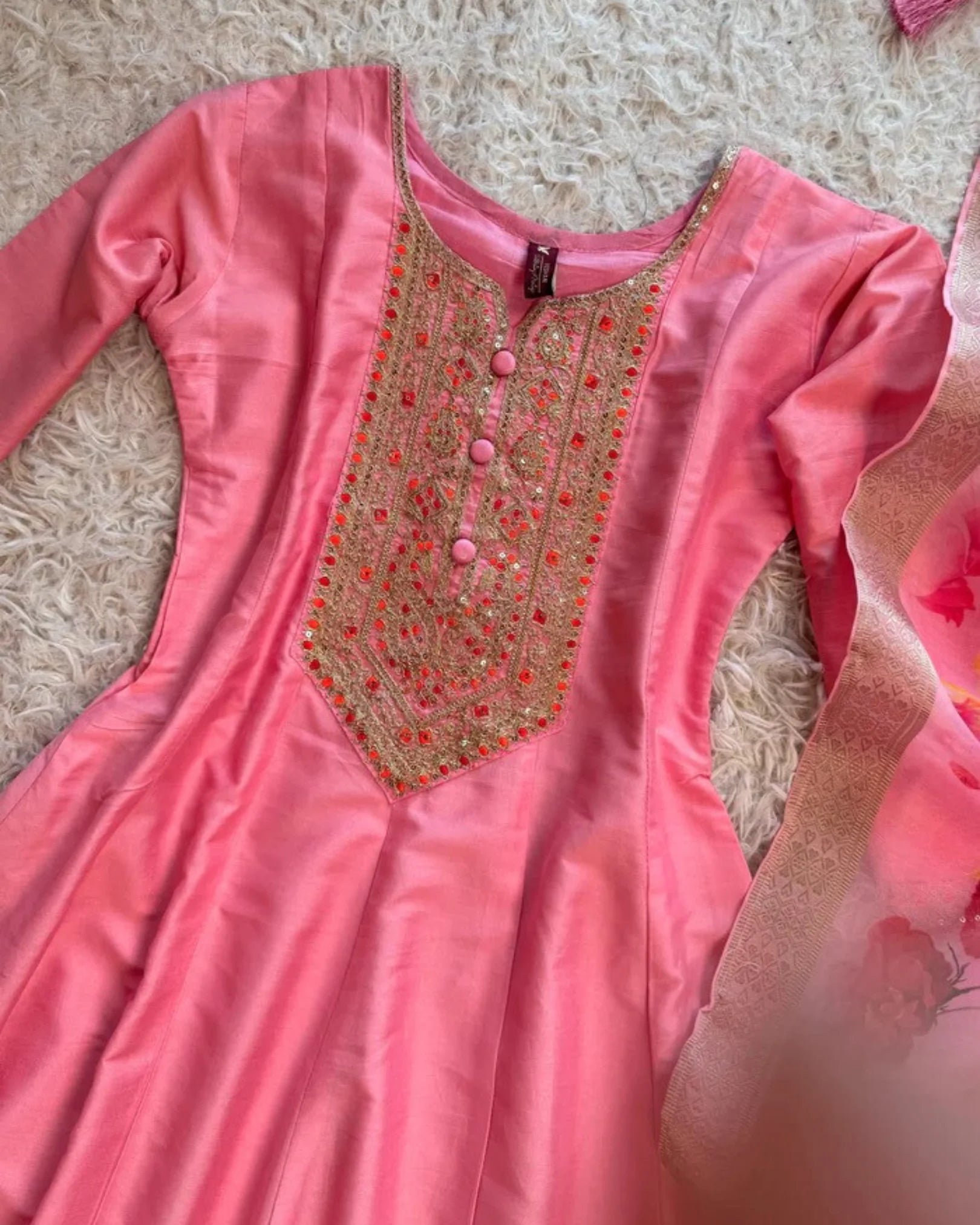 Light-Pink Rayon-Silk Embroidered Anarkali-Dress, Pants & Dupatta Set.
