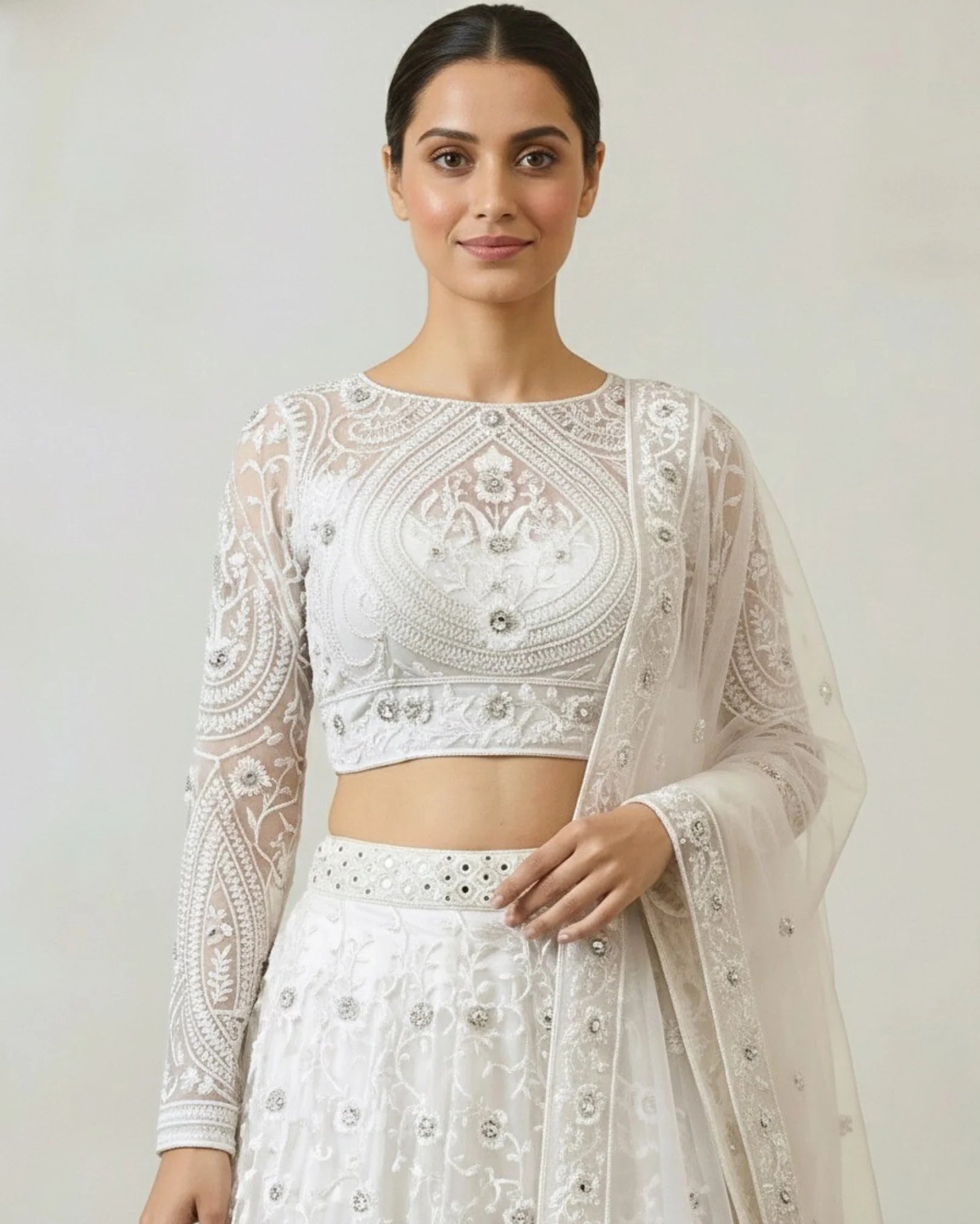 Pure-White Thread-Pearl-Embroidery Tulle-Net  Lehenga , Blouse & Dupatta Set.