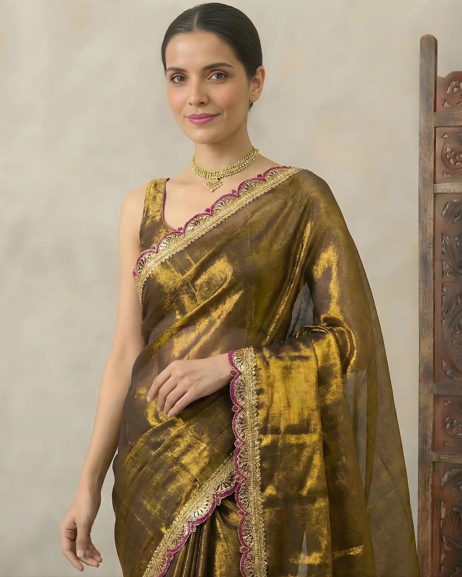 Copper-Gold Cotton-Tissue Fancy-Border Handloom Bengal-Saree