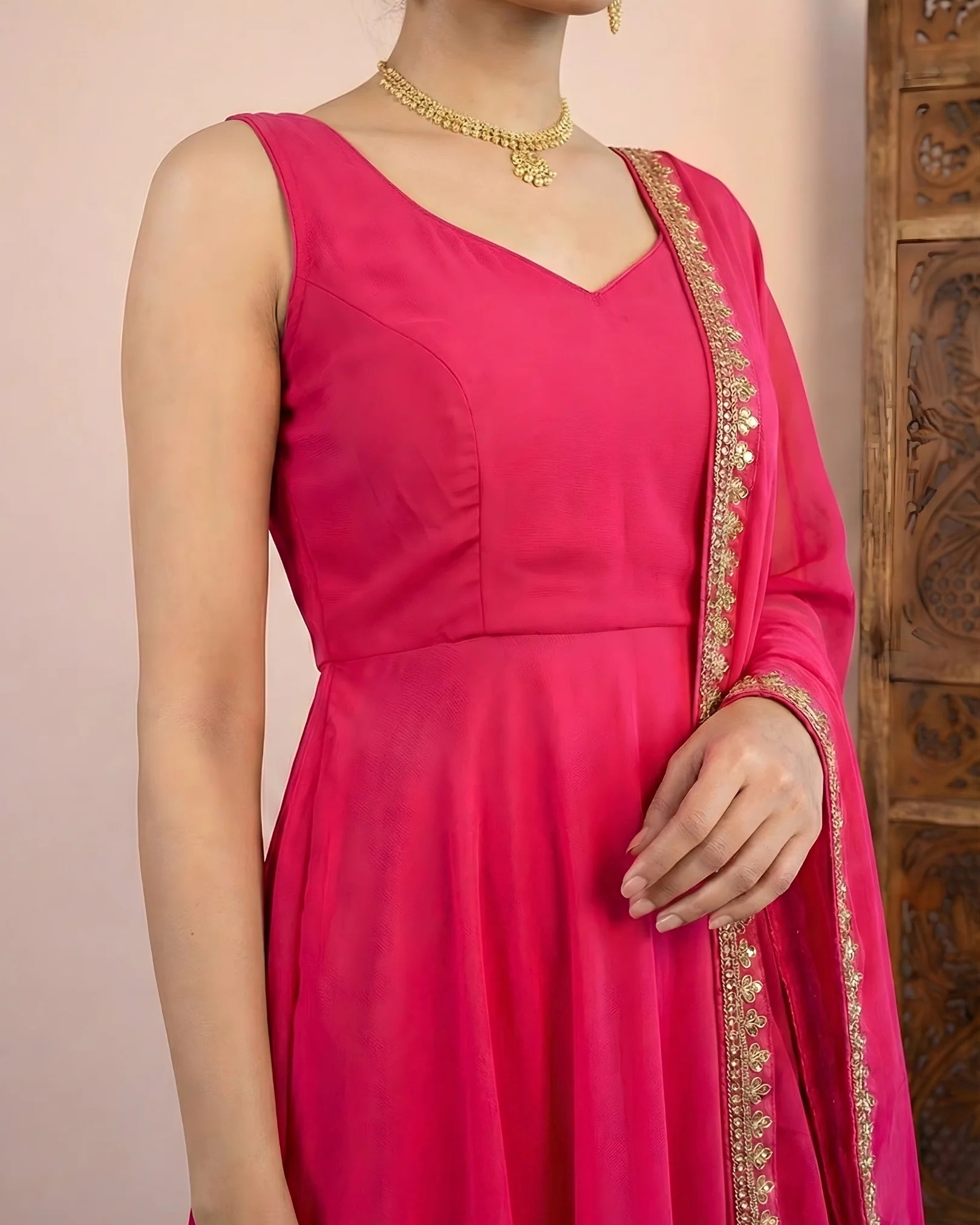 Hot-Pink Georgette Velvet-Patch Plain Anarkali & Dupatta Set.