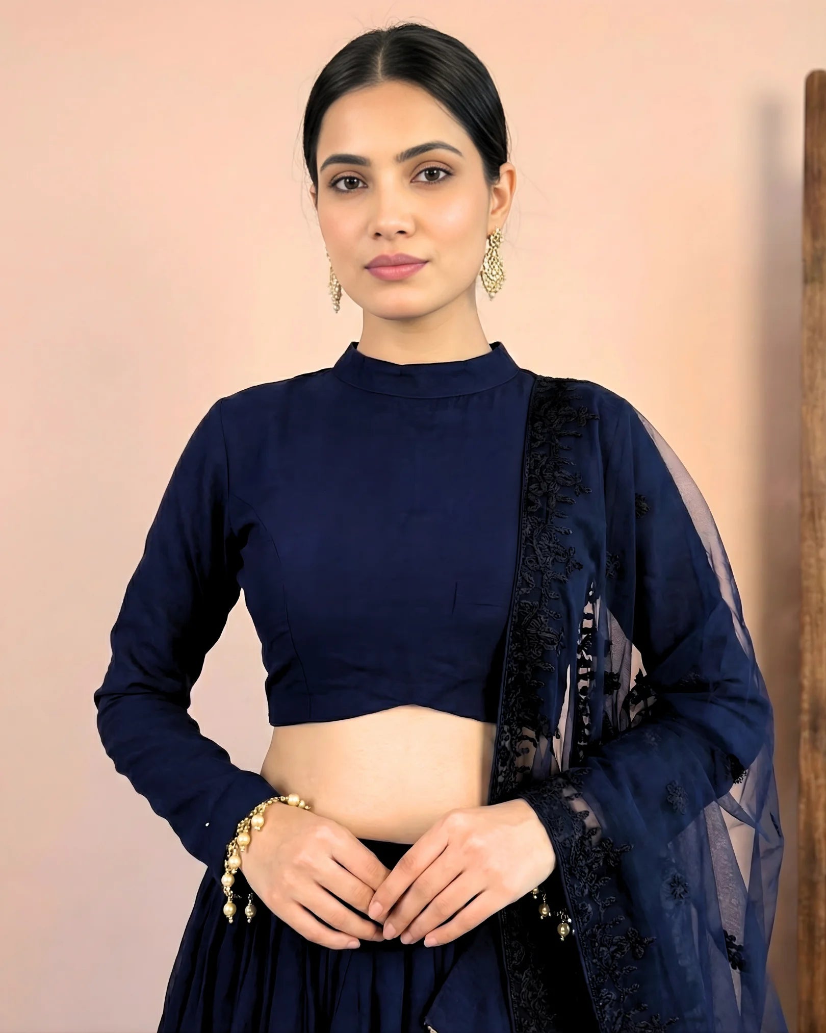 Navy-Blue Plain Chinnon Lehenga, Blouse & Dupatta Set.