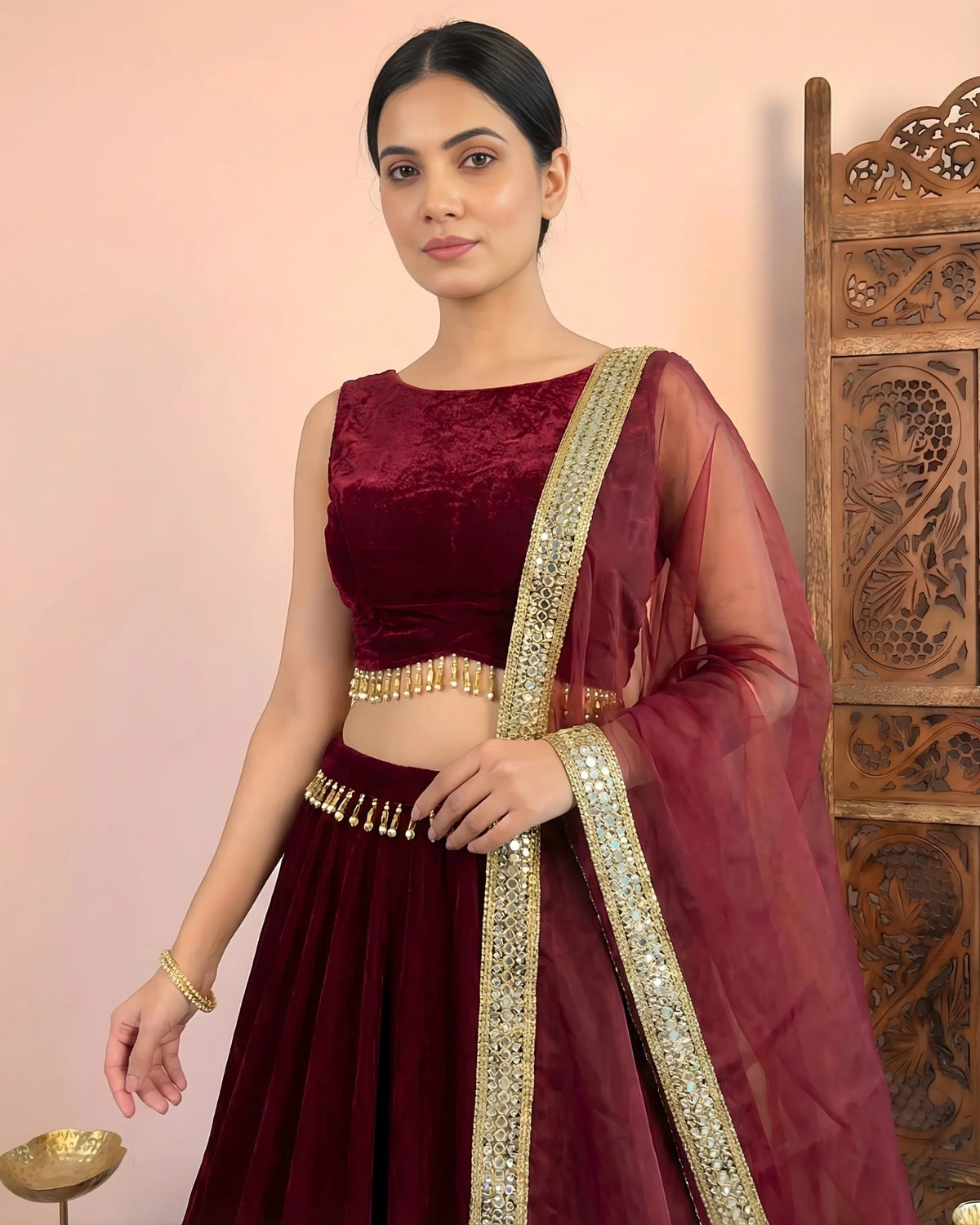 Red Wine Plain Velvet Lehenga Set - view 2