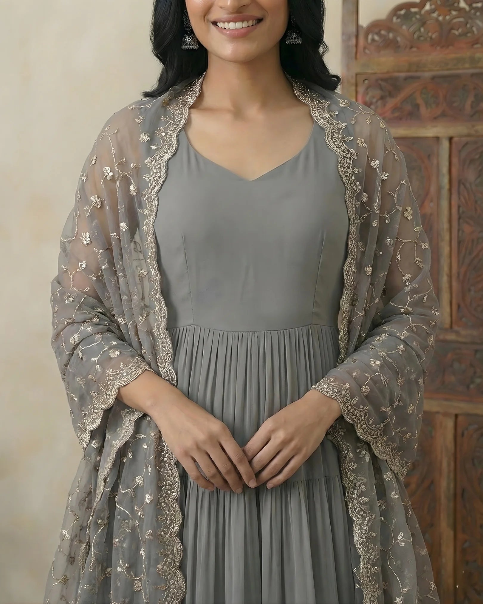 Grey Georgette Plain Multi-Layer Pleated-Tiered Anarkali-Dress & Dupatta Set.