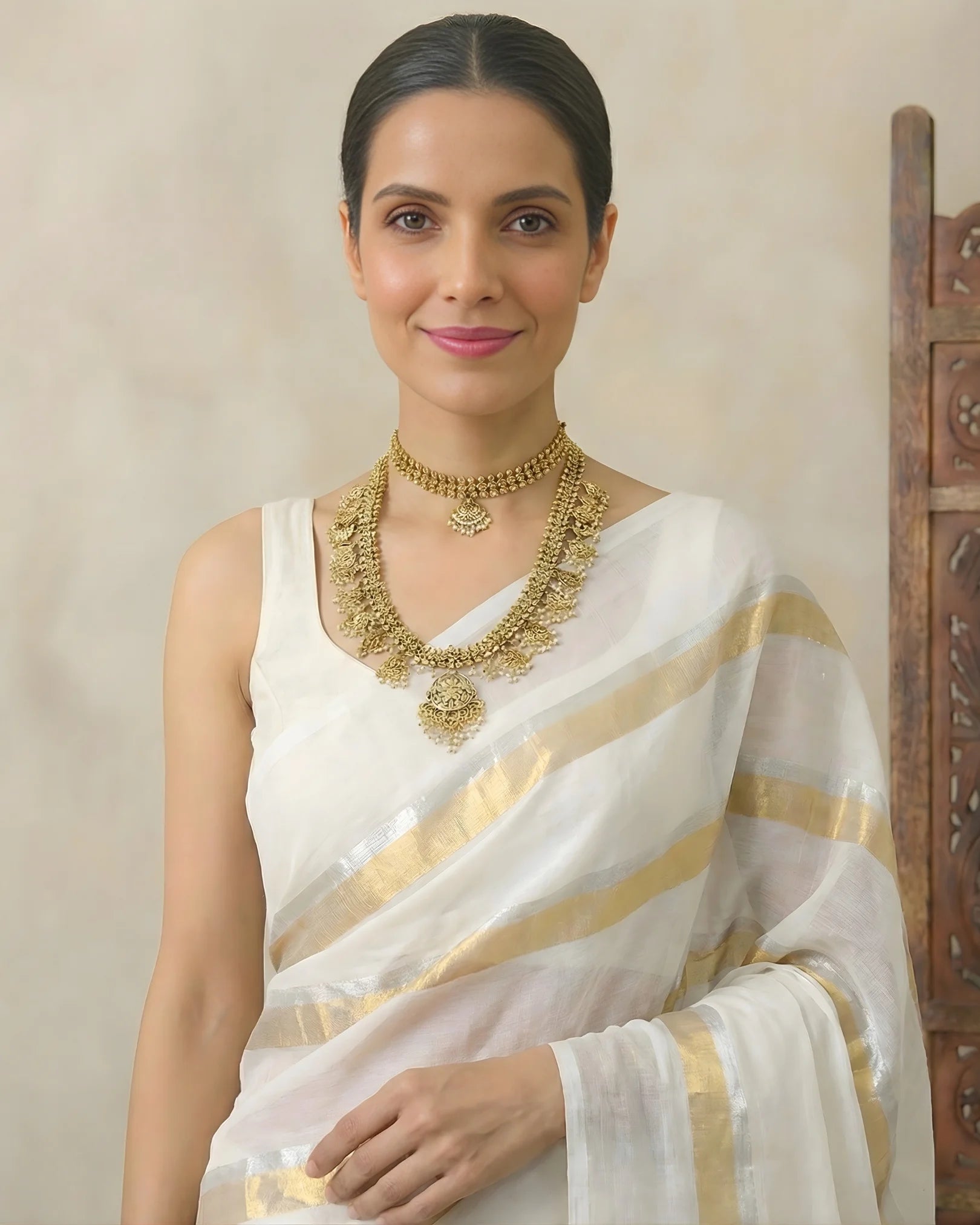 White Pure-Cotton Silver/Gold Zari-Striped Handloom Bengal-Saree