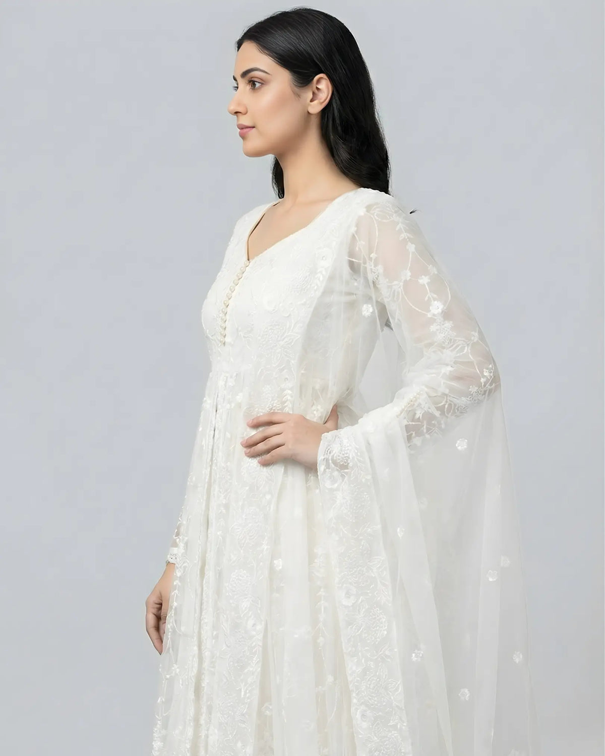 Pure White Thread Work Anarkali Pants Set - view 3