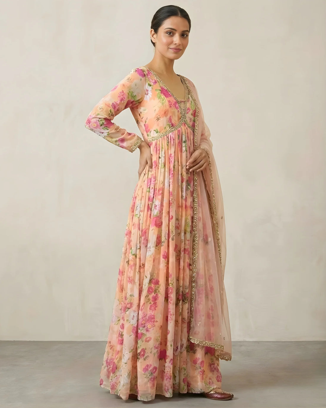 Peach Georgette Floral Anarkali Dress Set - view 1