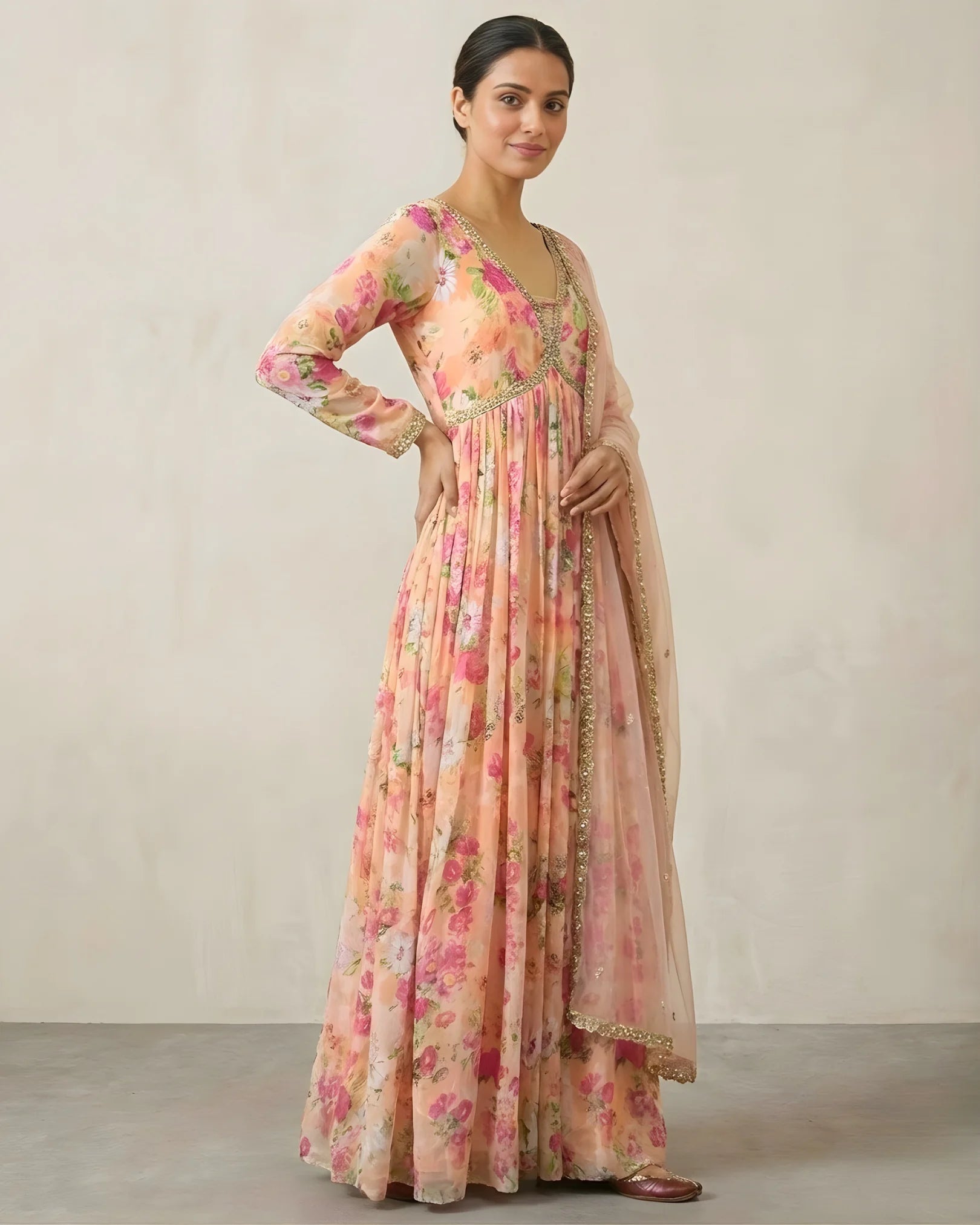 Pastel-Peach Floral-Print Georgette Dress-Style Anarkali & Dupatta Set.