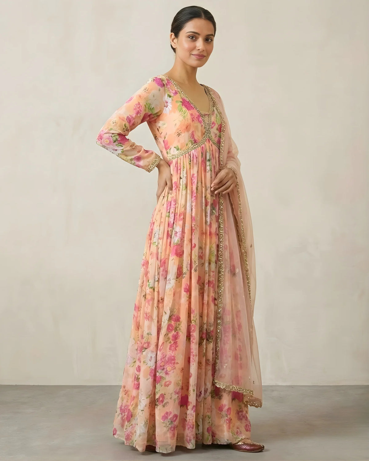 Peach Georgette Floral Anarkali Dress Set - view 1