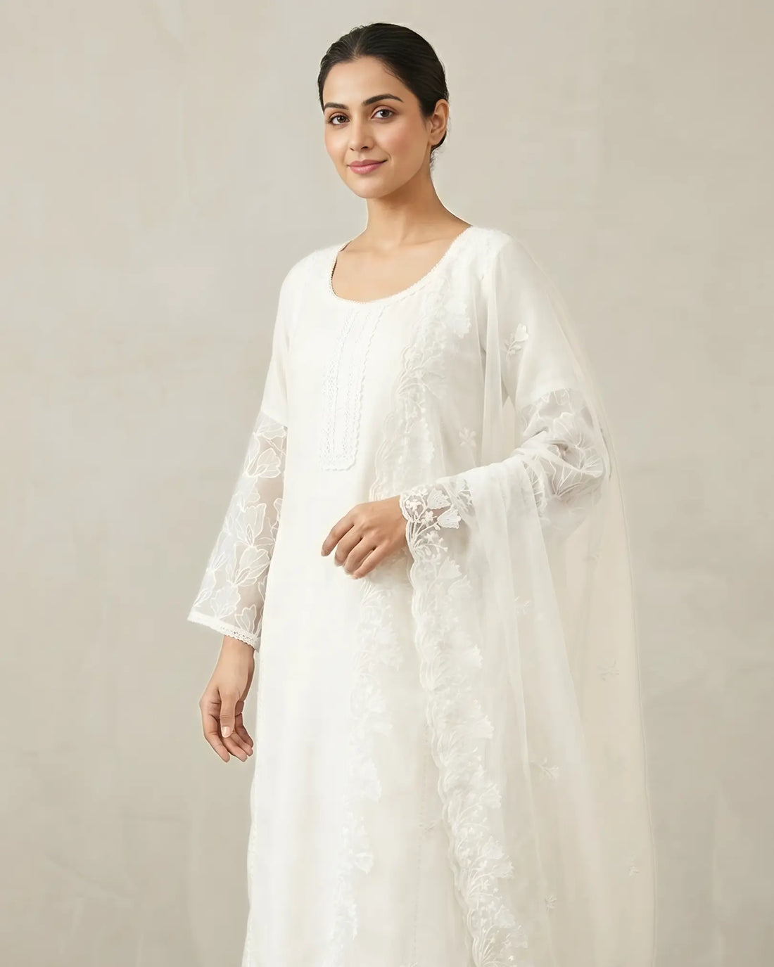 White Silk Crochet Lace Kurti Pants Set - view 3