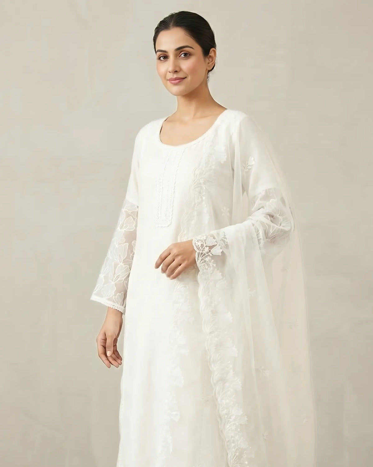 White Silk Crochet Lace Kurti Pants Set - view 3