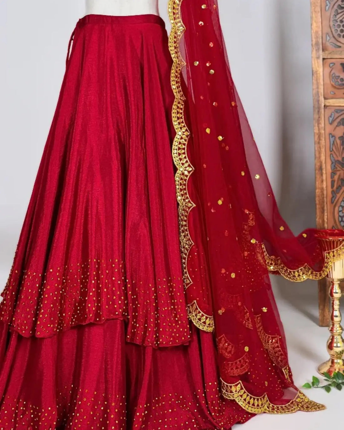 Red Synthetic Silk Stonework Lehenga Set - view 3