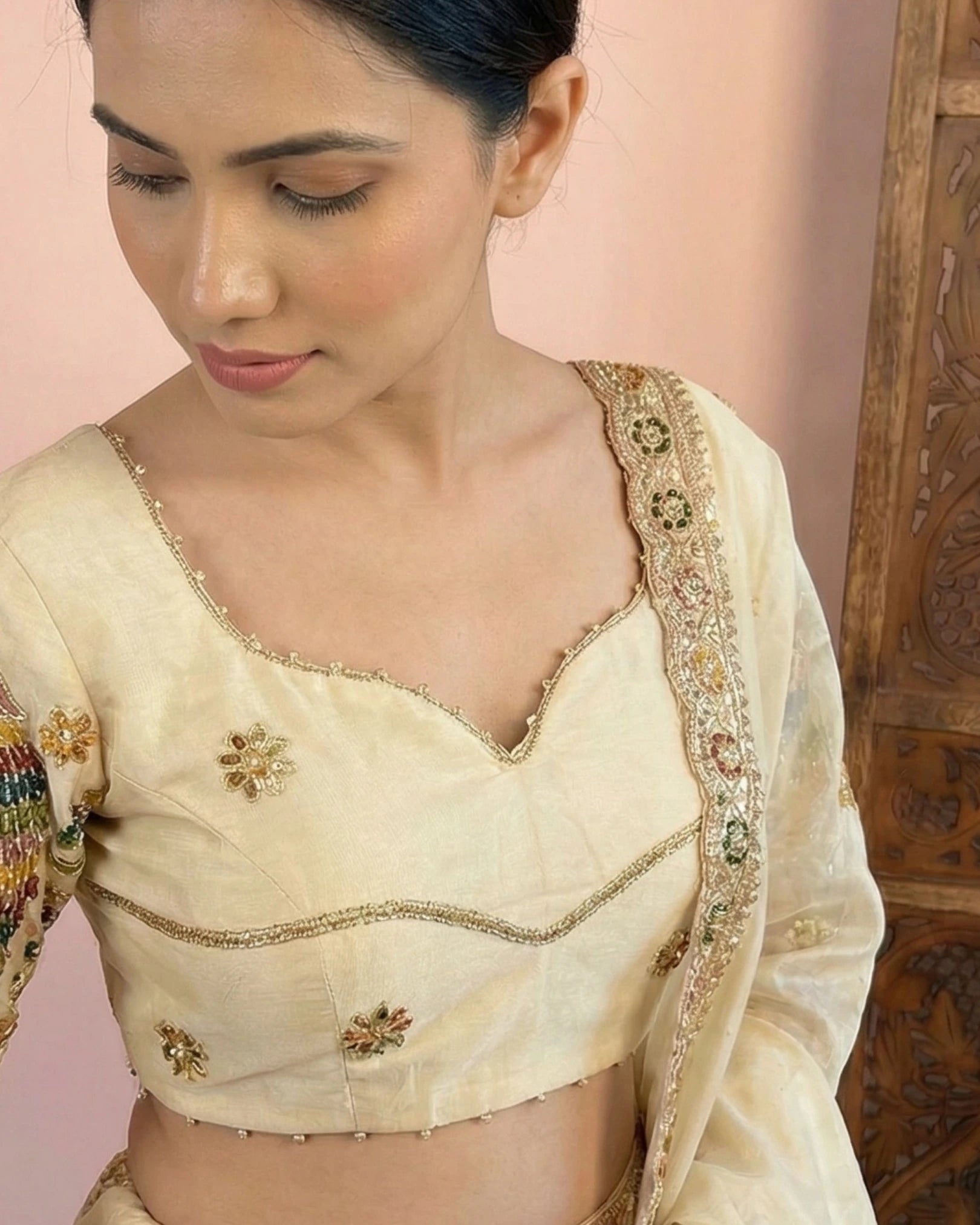 Cream Tissue-Silk Cutdana-Peacock-Embroidery Lehenga, Blouse & Dupatta Set.