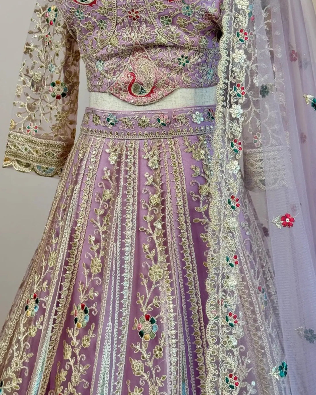 Baby Pink Lavender Net Embroidered Lehenga Set - view 6