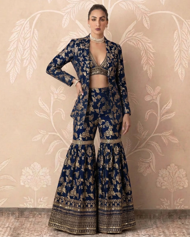 Navy Blue Brocade Blazer Blouse Gharara Set - view 1