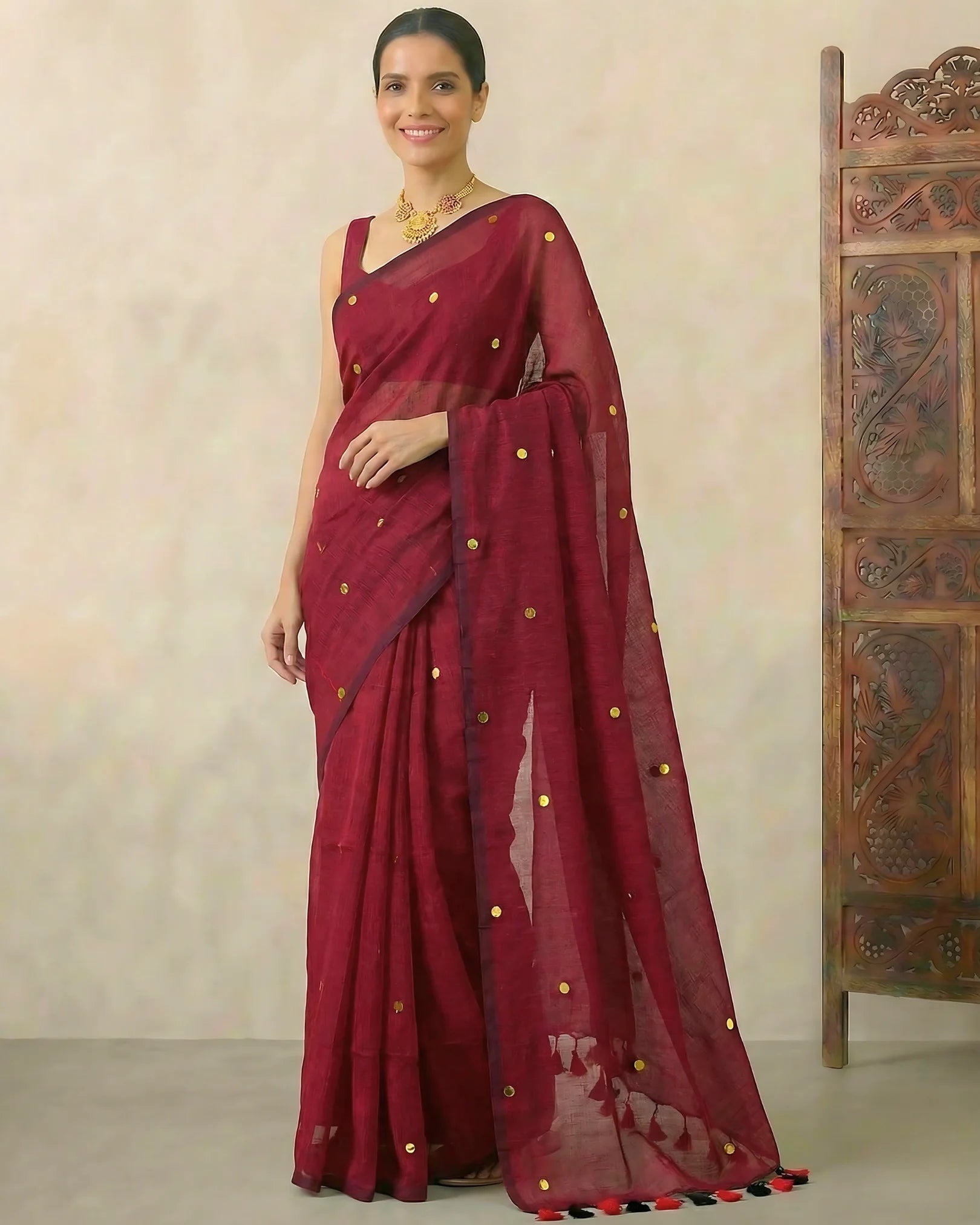 Maroon Pure-Cotton Gold-Sequin-Stitched Handloom Bengal-Saree