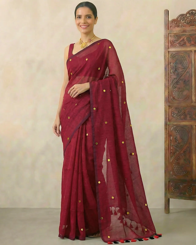 Maroon Cotton Gold Sequin Bengal Saree - view 1