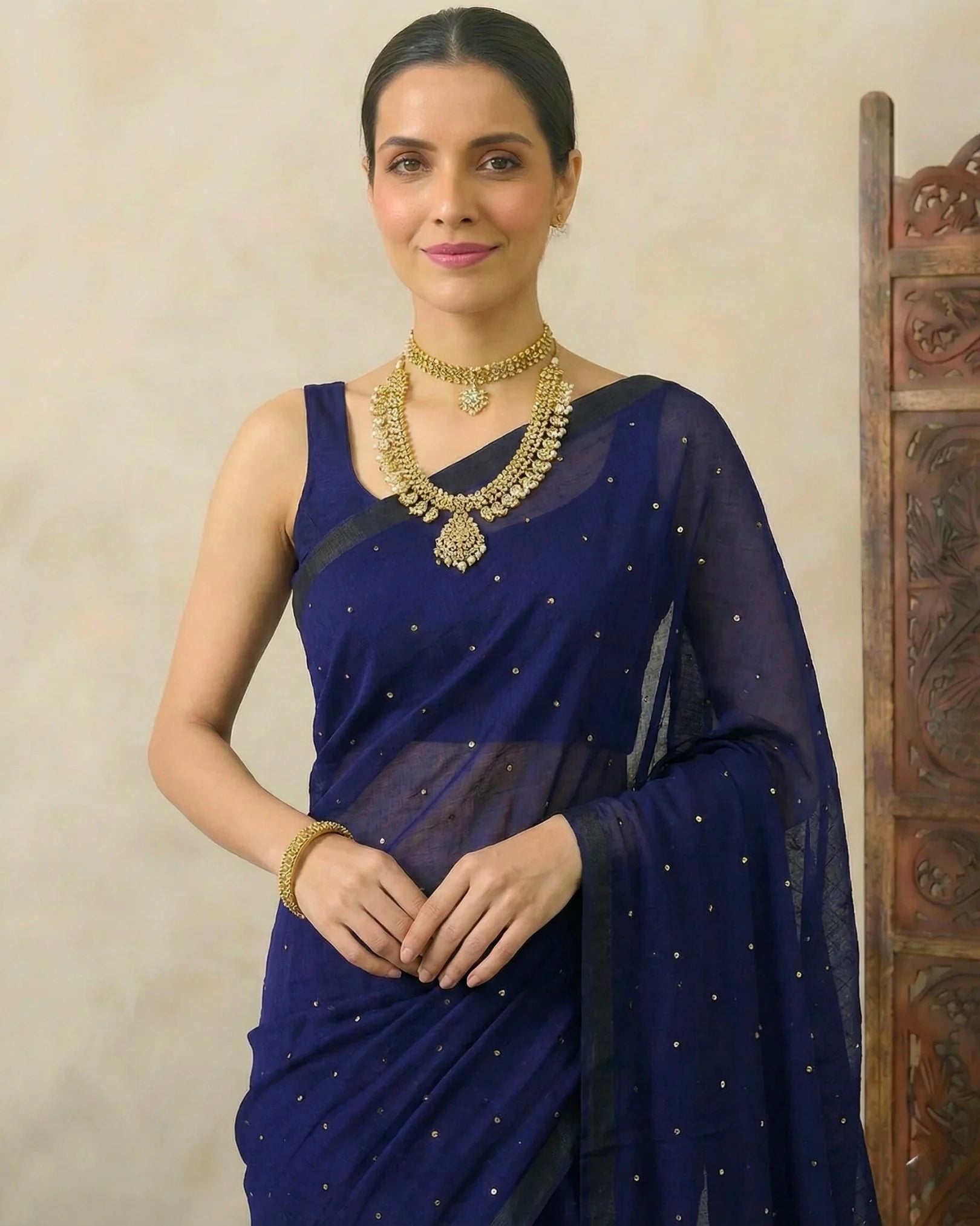 Navy-Blue Pure-Cotton Sequin-Stitched Handloom Bengal-Saree
