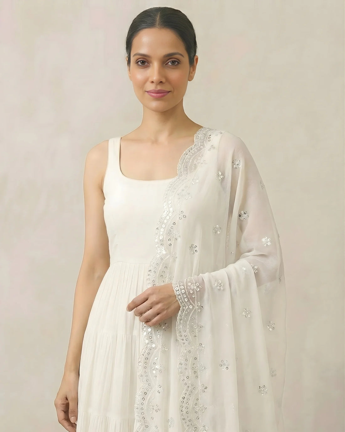 White Georgette Tiered Anarkali Pants Set - view 2