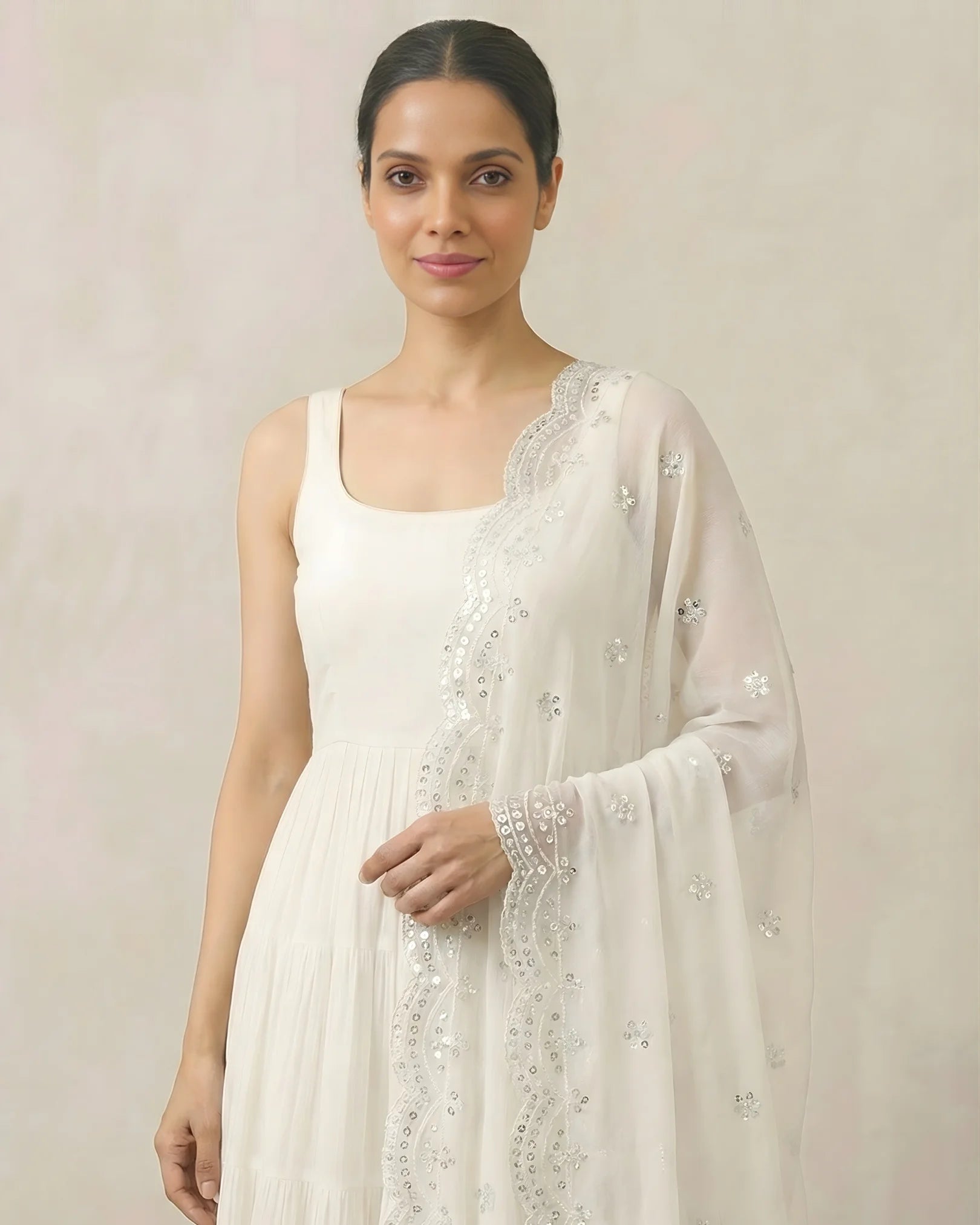 Pure-White Viscose-Georgette Plain-Tiered Anarkali-Dress, Pants & Dupatta Set.