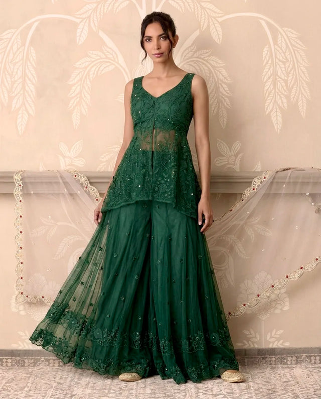 Forest Green Net Peplum Sharara Indo-Western Set - view 1