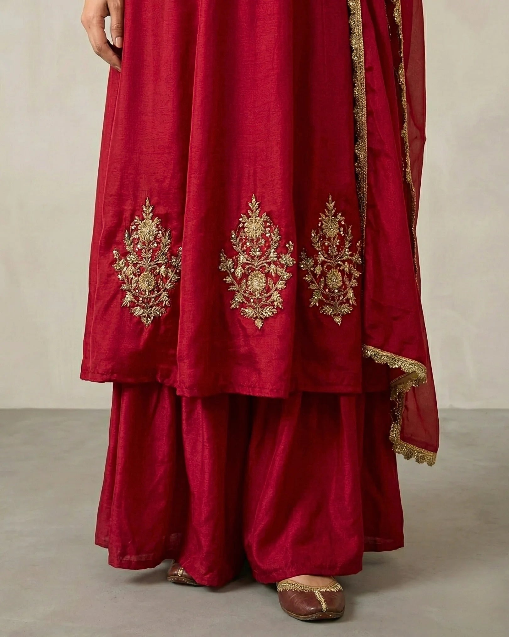 Blood-Red Crepe-Silk Handwork-Patch-Work A-Line Suit , Gharara & Dupatta Set.