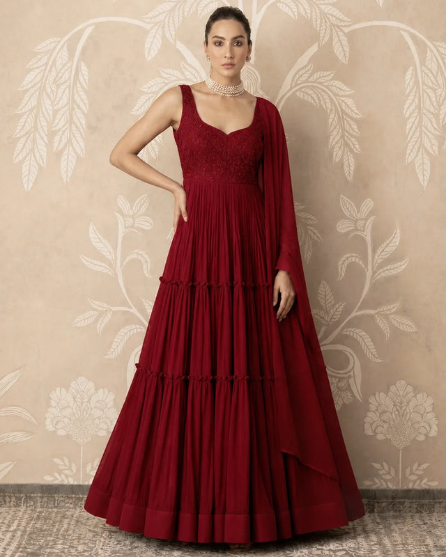 Maroon Georgette Multi Tier Anarkali Set - view 1