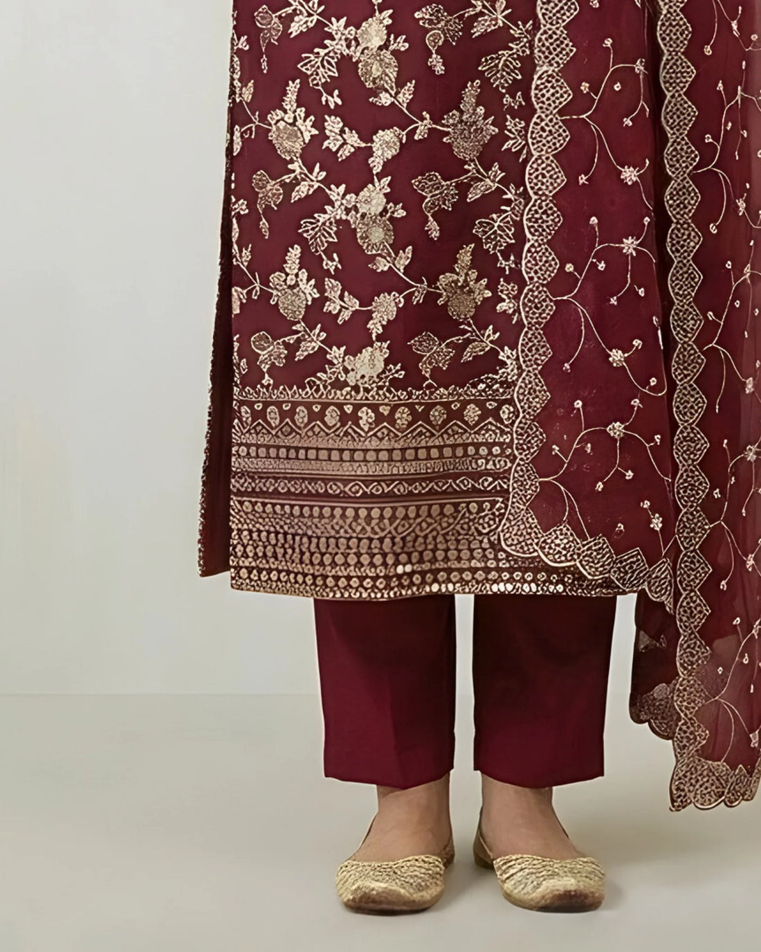 Maroon Banarasi Brocade Kurti Pants Set - view 3