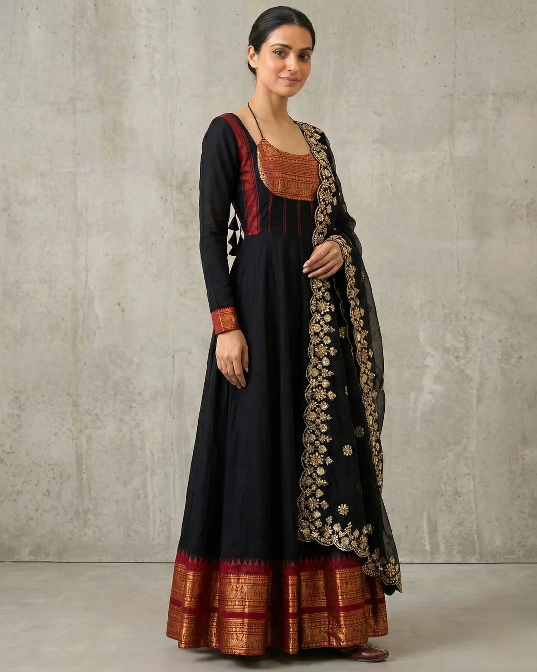 Black Red South Cotton Anarkali Top Set - view 3