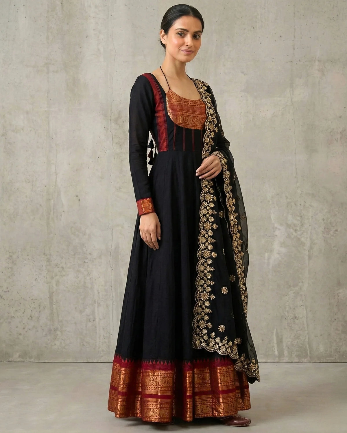 Black Red South Cotton Anarkali Top Set - view 3