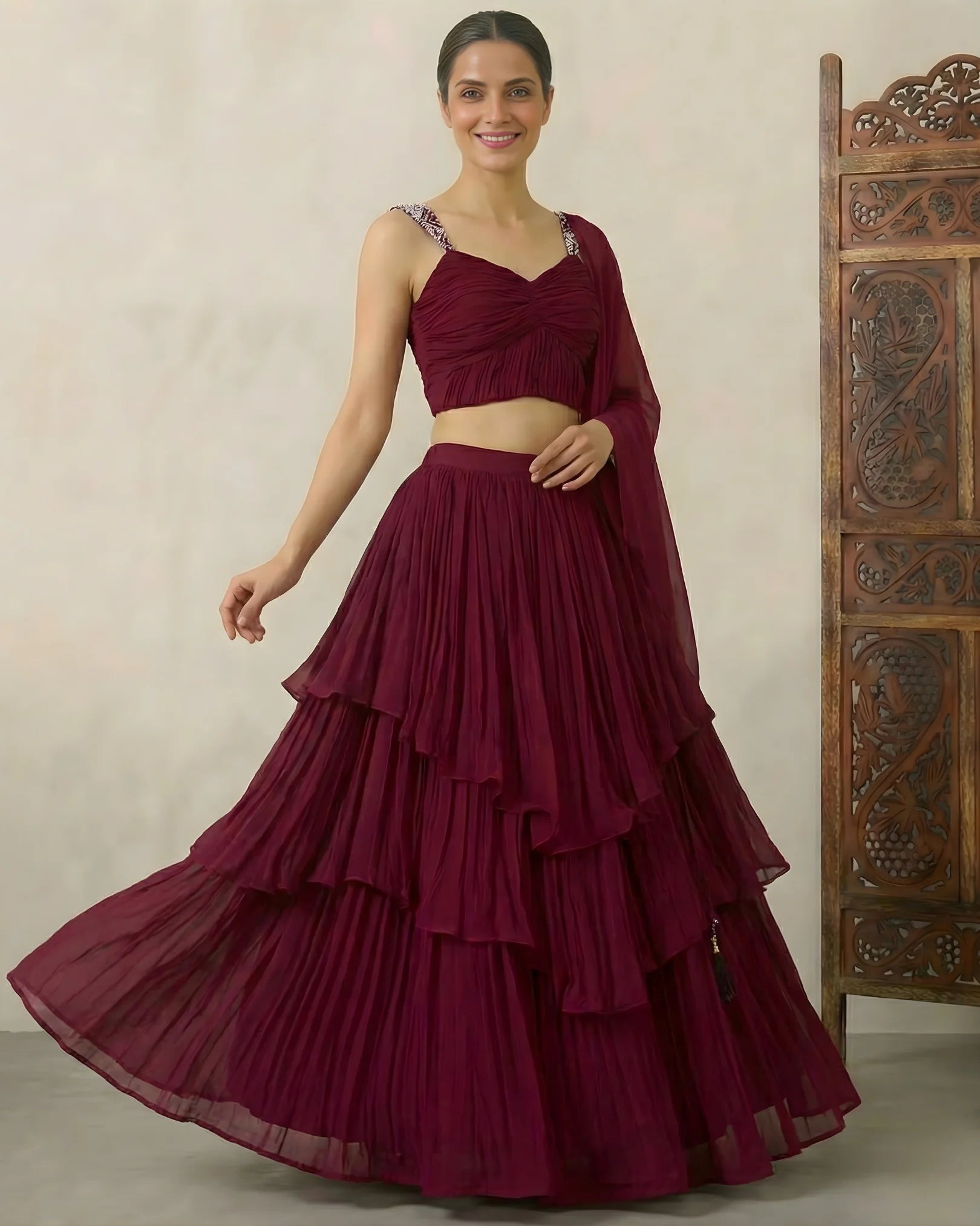 Purple-Wine Premium-Georgette Multi-Layered Lehenga, Blouse & Dupatta Set.