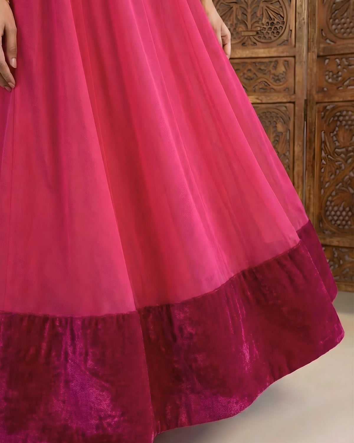 Hot Pink Georgette Velvet Anarkali Set - view 3