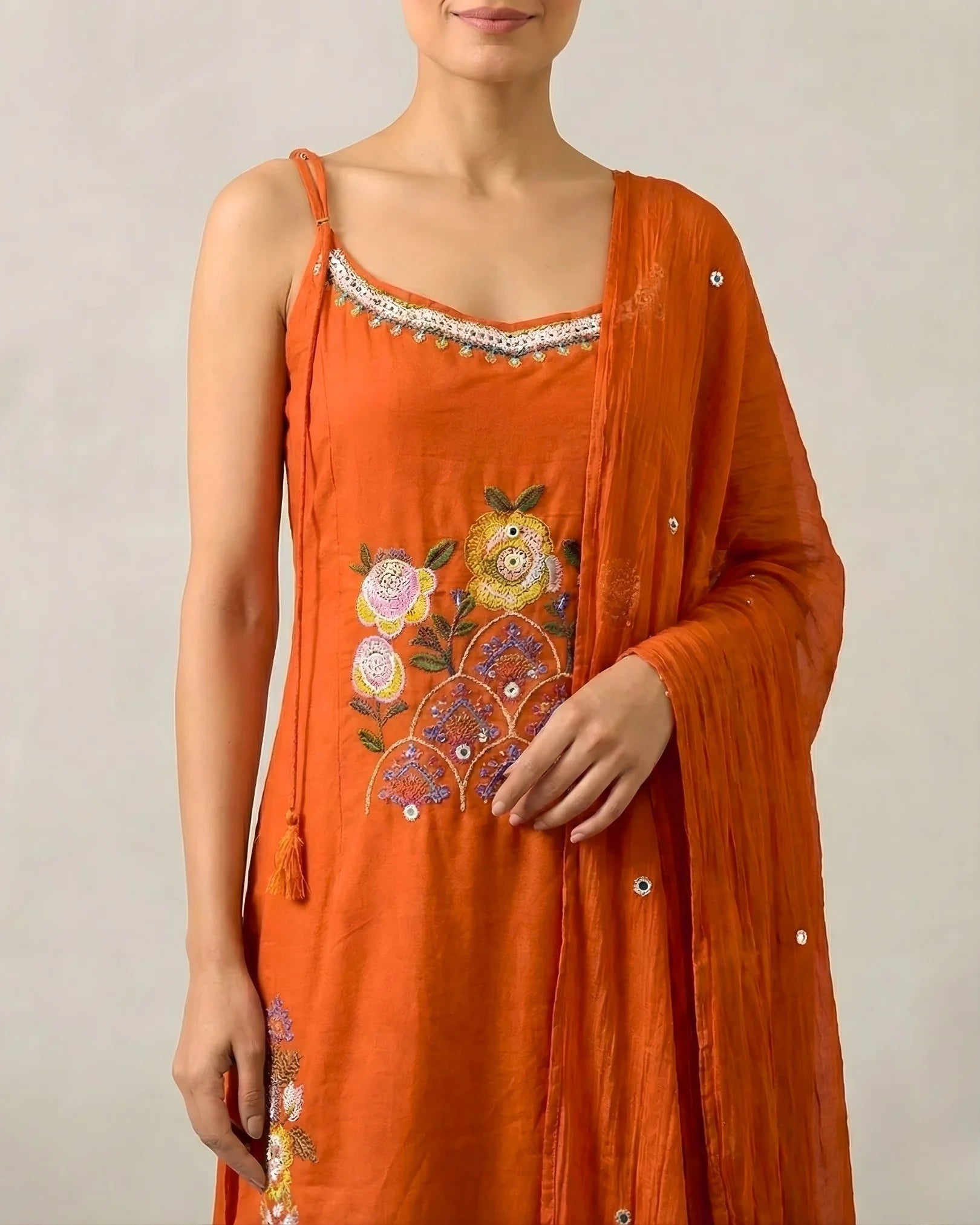 Orange Cotton-Slub Thread-Embroidery Kurti-Top , Pants, & Dupatta Set.