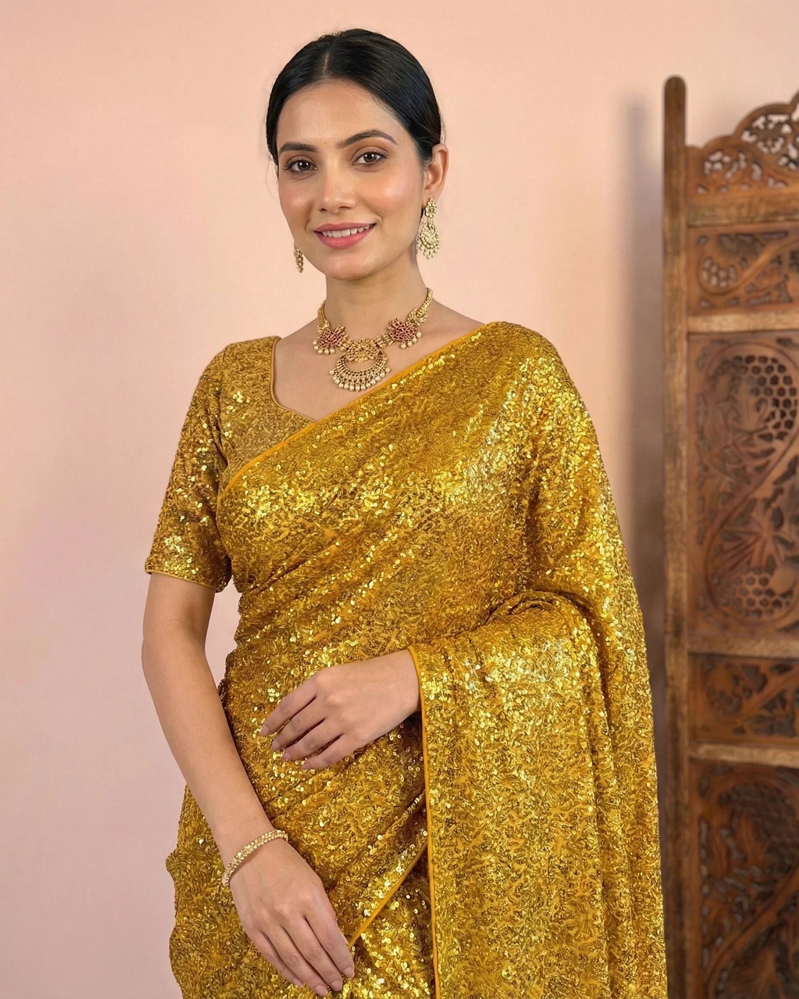 Gold Sequin-Stitched Georgette North-Saree