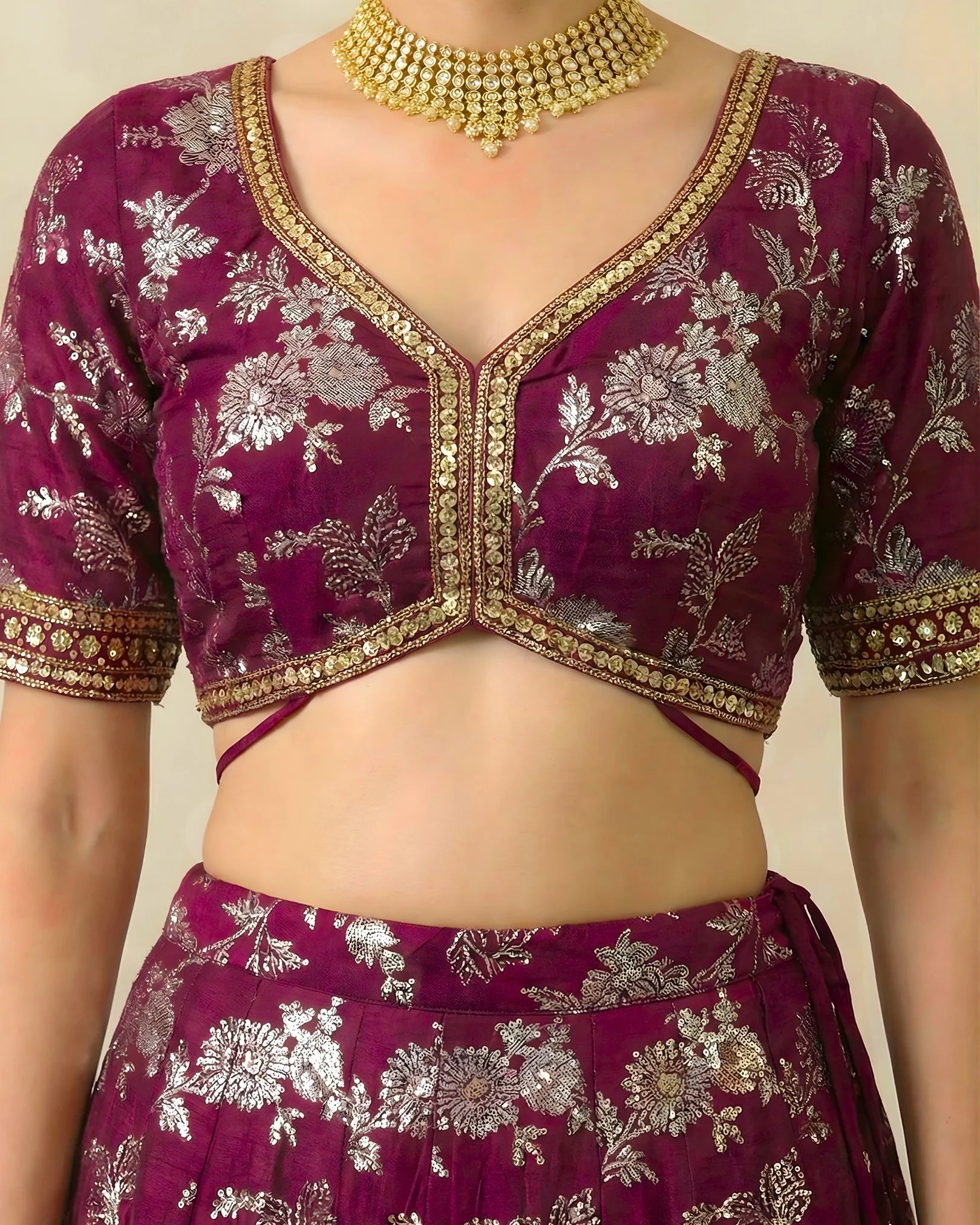 Wine Banarasi-Brocade Sequin-Embroidery Pleated Lehenga, Blouse & Dupatta Set.