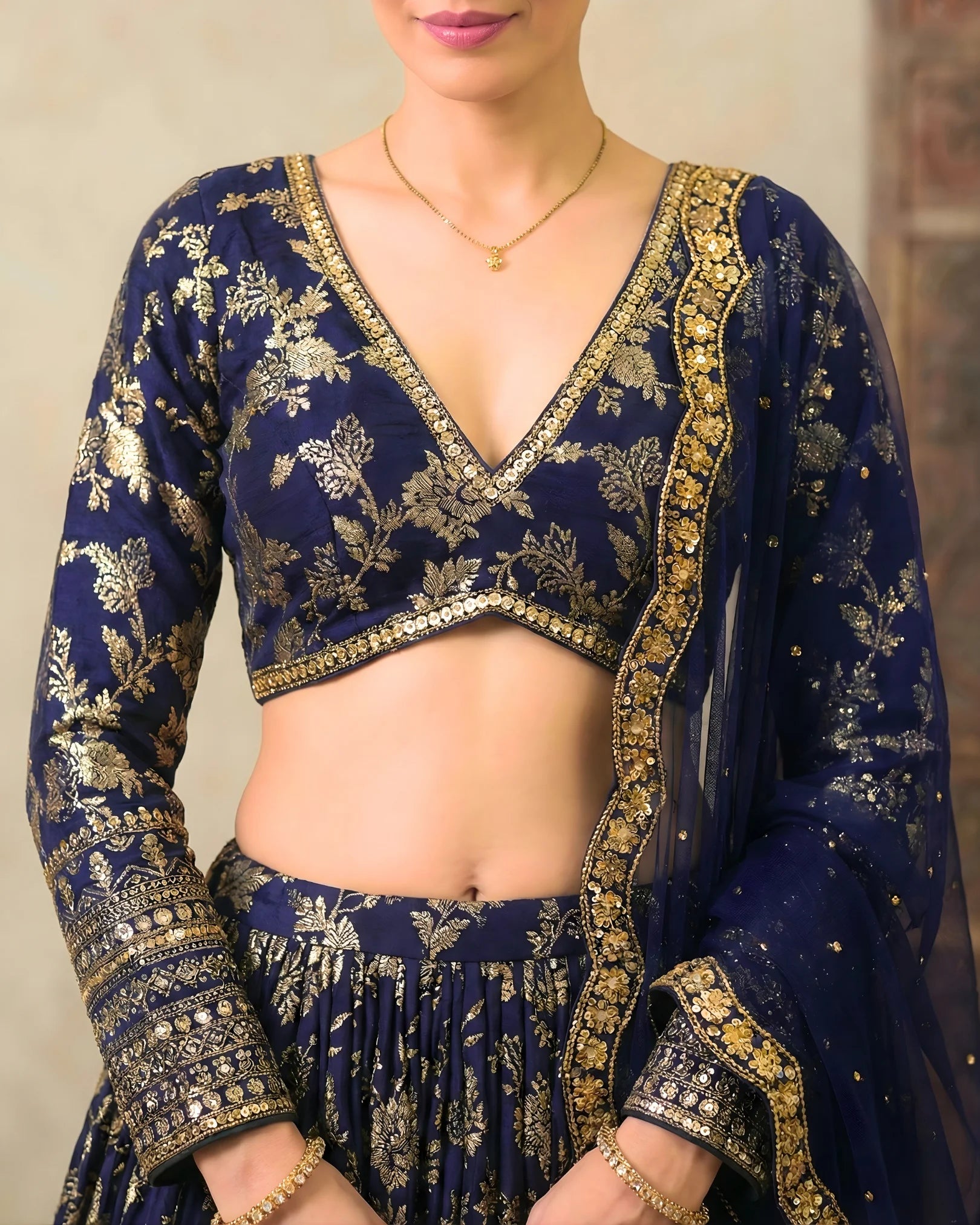 Navy-Blue Banarasi-Brocade Sequin-Embroidery Pleated Lehenga, Blouse & Dupatta Set.