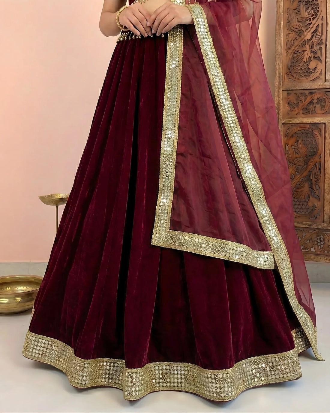 Red Wine Plain Velvet Lehenga Set - view 3