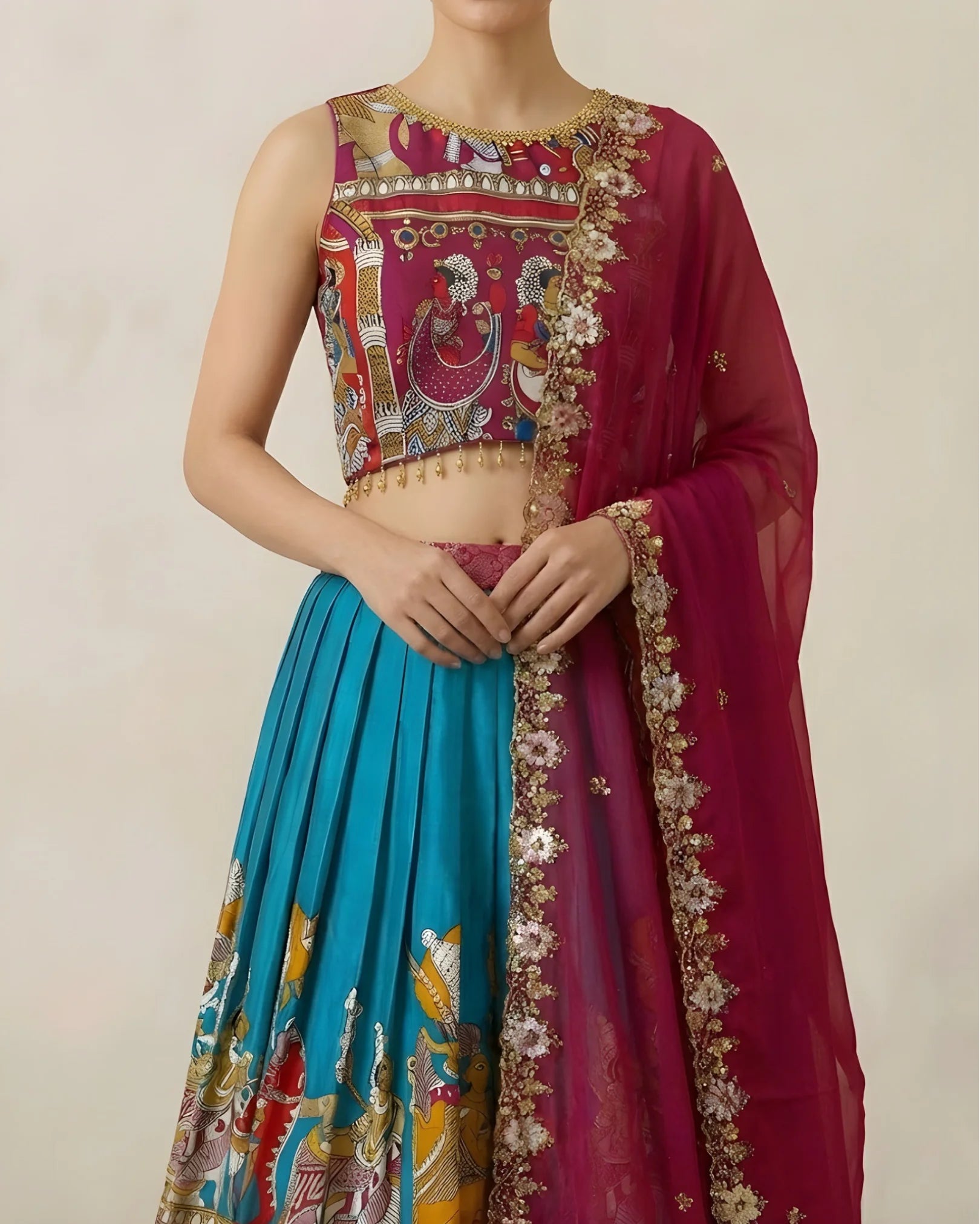 Teal-Blue Synthetic-Silk Digital-Kalamkari-Print Lehenga, Blouse & Dupatta Set.