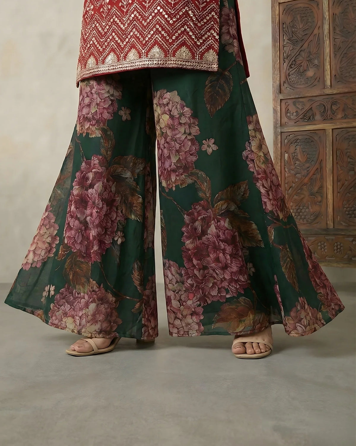 Red Banarasi Sequin Kurti Palazzo Set - view 3