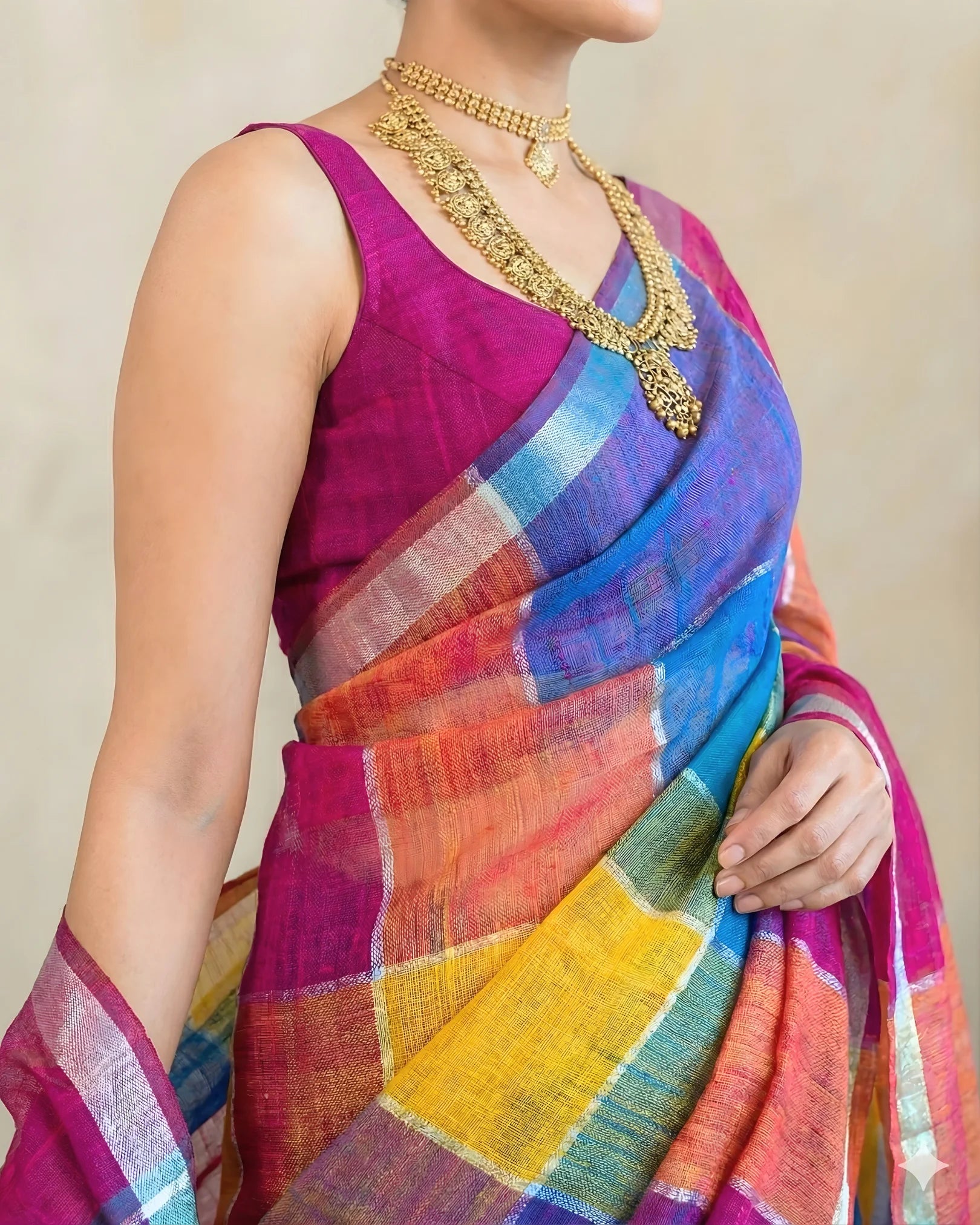 Multi-Colour Pure-Linen Zari-Border Handloom Bengal-Saree