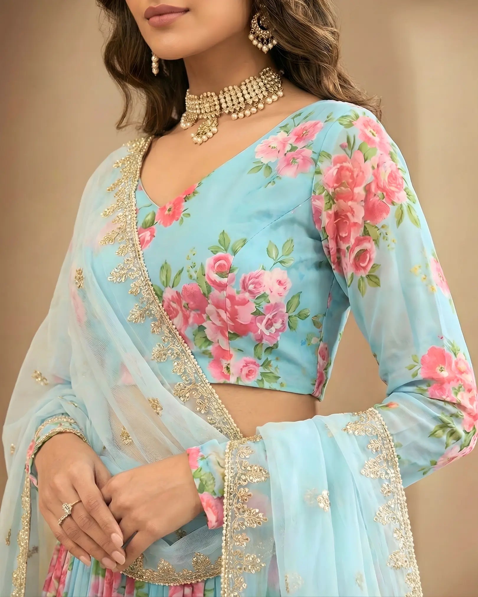 Sky-Blue Floral-Printed Multi-Layer Pleated Lehenga Blouse & Dupatta Set.