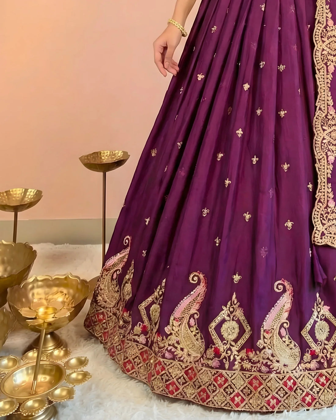 Dark Purple Silk Thread Work Lehenga Set - view 3