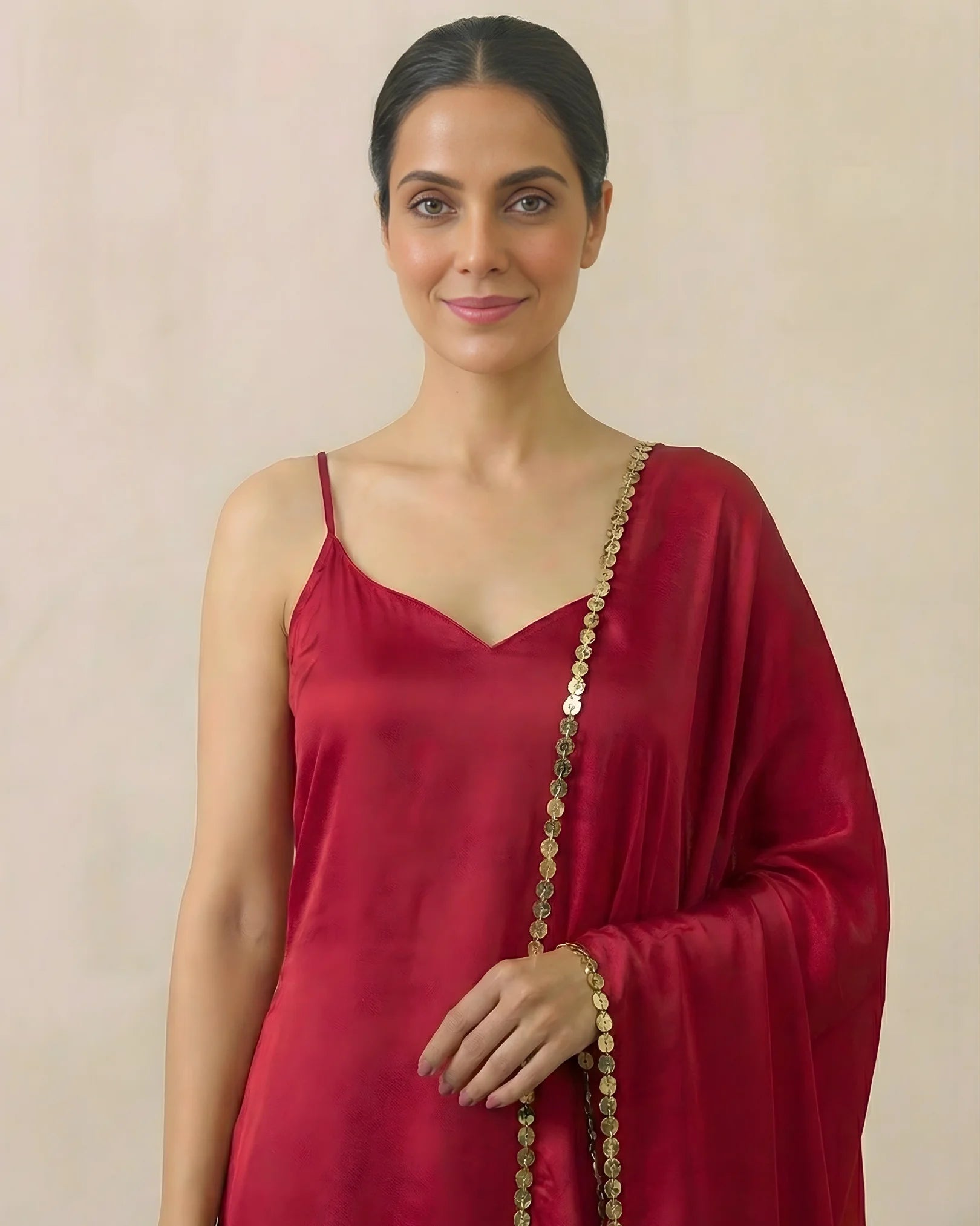 Blood-Red Crepe-Silk Plain Kurti-Top, Pants & Dupatta Set.