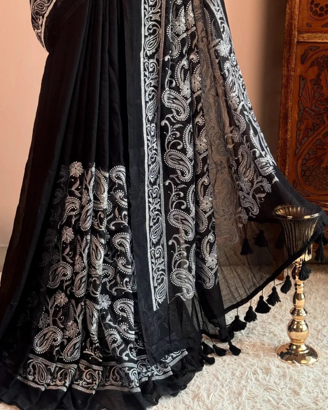 Black Cotton Chikan Handloom Bengal Saree - view 3