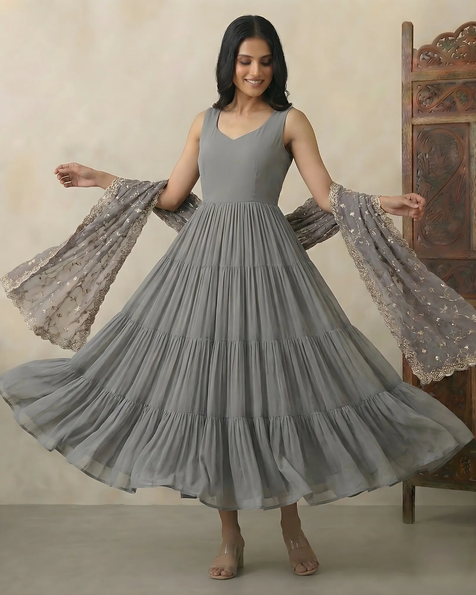 Grey Georgette Plain Multi-Layer Pleated-Tiered Anarkali-Dress & Dupatta Set.