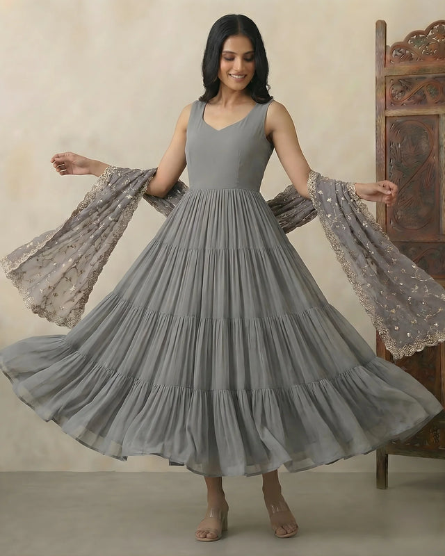 Grey Georgette Pleated Anarkali Dress Set - view 1