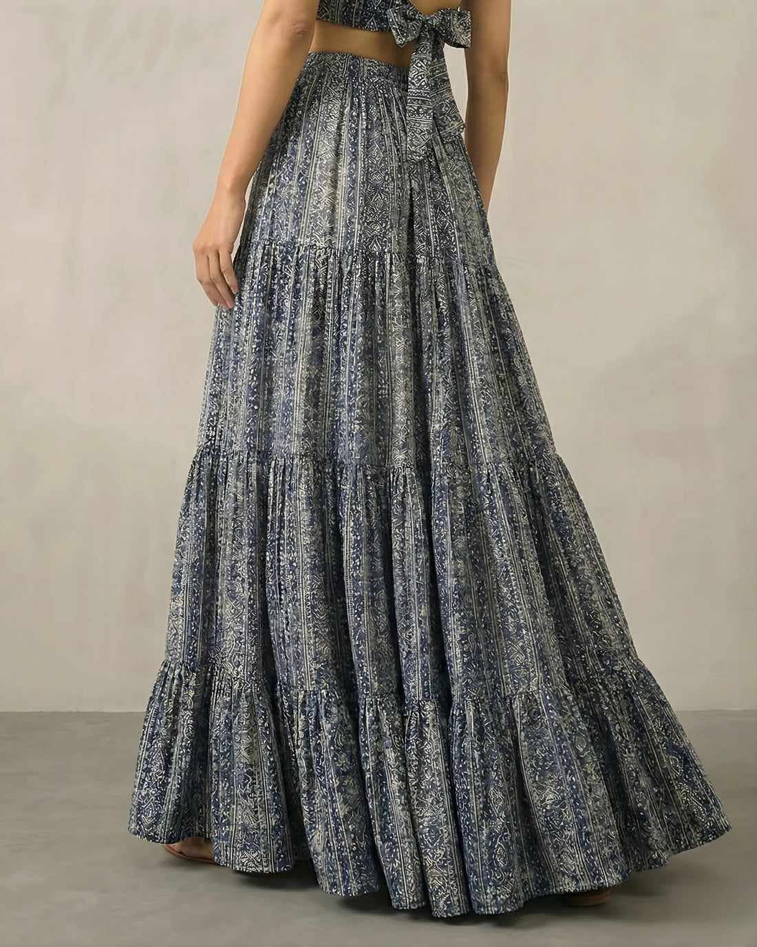 Blue Muslin Aztec Print Lehenga Crop Top Set - view 4