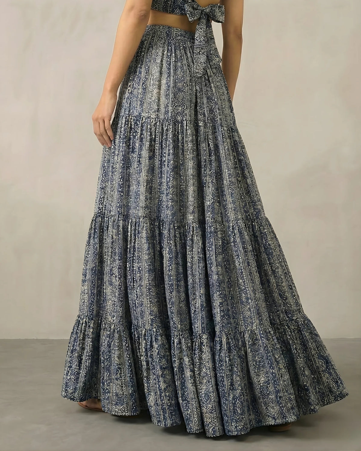 Blue Muslin Aztec Print Lehenga Crop Top Set - view 4