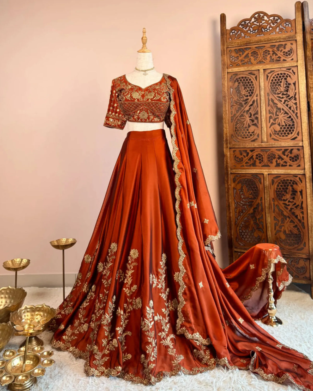 Burnt Orange Tissue Zari Kalidaar Lehenga Set - view 4