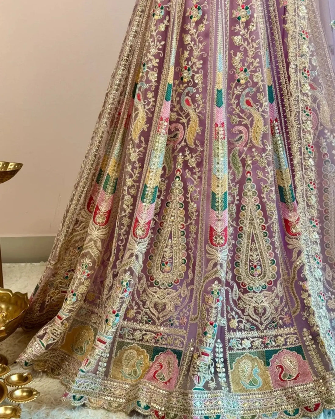 Baby Pink Lavender Net Embroidered Lehenga Set - view 3